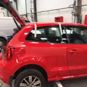 remove and refit rear quarter on a VW polo at Nottingham JCC body shop.: Click Here To View Larger Image